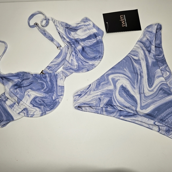 Naked Wardrobe Swim Marbled Smoked Blue 2 pc Wired Bra High Wasted Bottom sz L​ - Picture 2 of 8